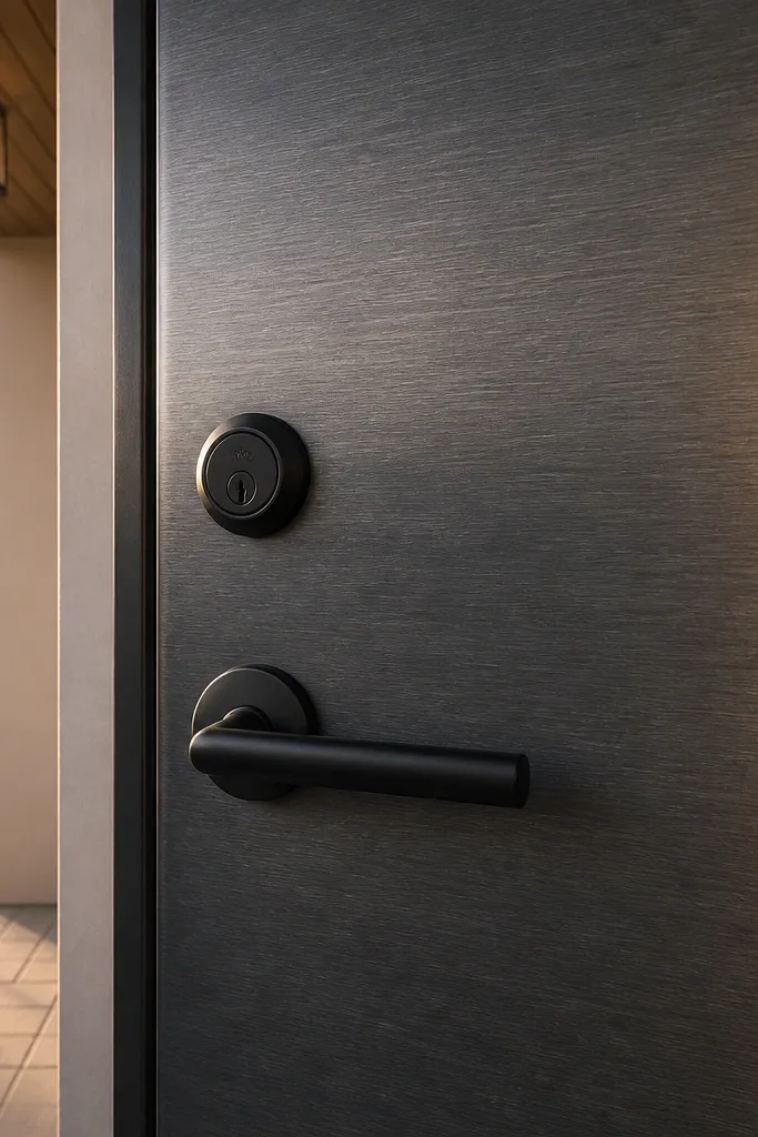 Gunmetal brushed metal-look door surface with sleek hardware