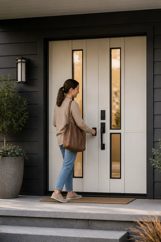 Two-tone door with slim vertical glass panels and dark frame