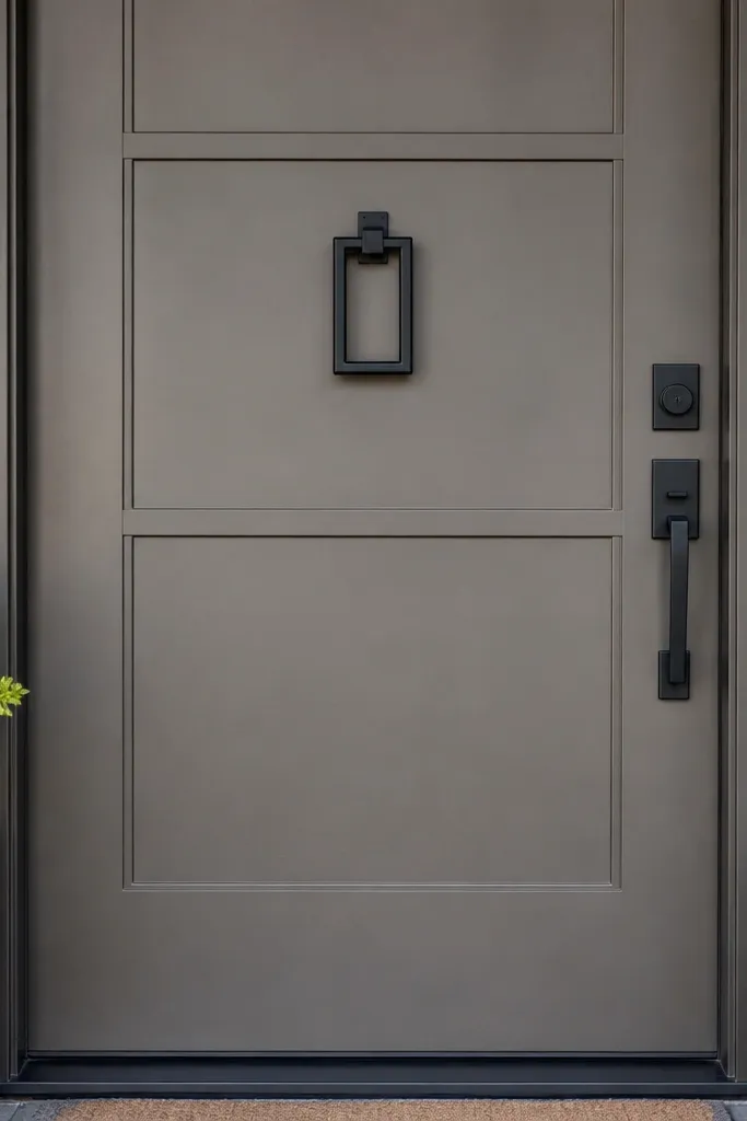 Flat door with white picture-frame trim lines and black hardware