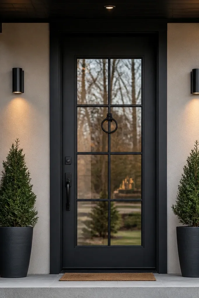 Door with a large glass panel and black faux mullion lines