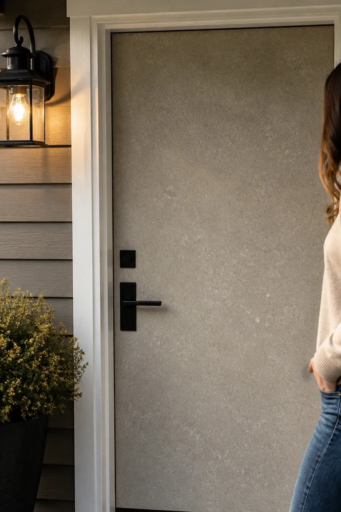 Door covered with subtle stone-pattern vinyl in gray tones