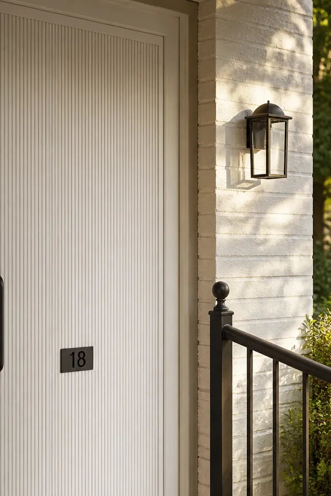 Warm white door with thin vertical ribs and black knob