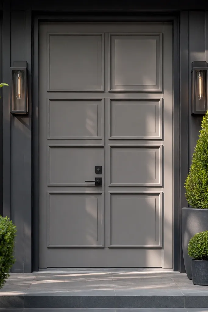 Door with oversized square raised panels in matte gray