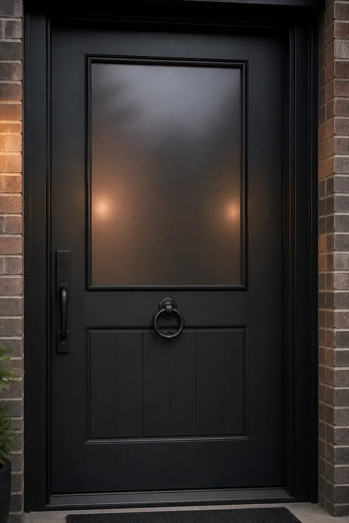 Door with a narrow top panel framed in black and smoked glass look