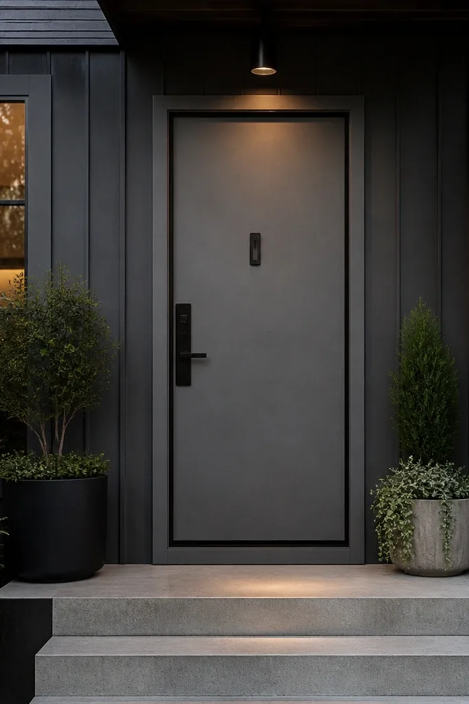 Concrete-gray door with a floating border frame line