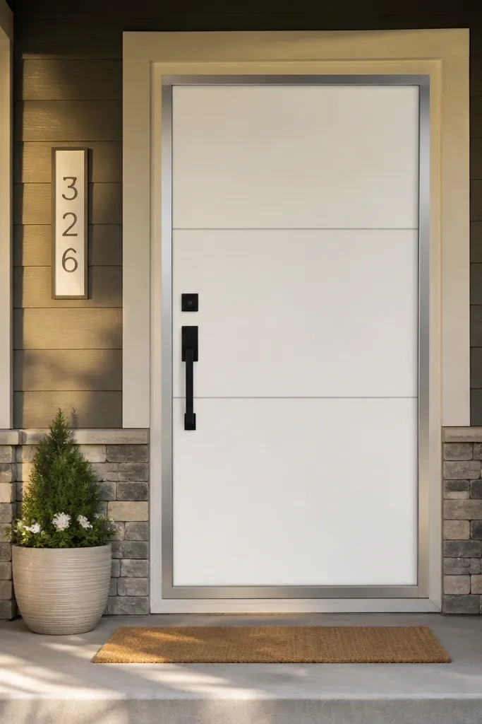 White door with shiny aluminum border trim and black house numbers