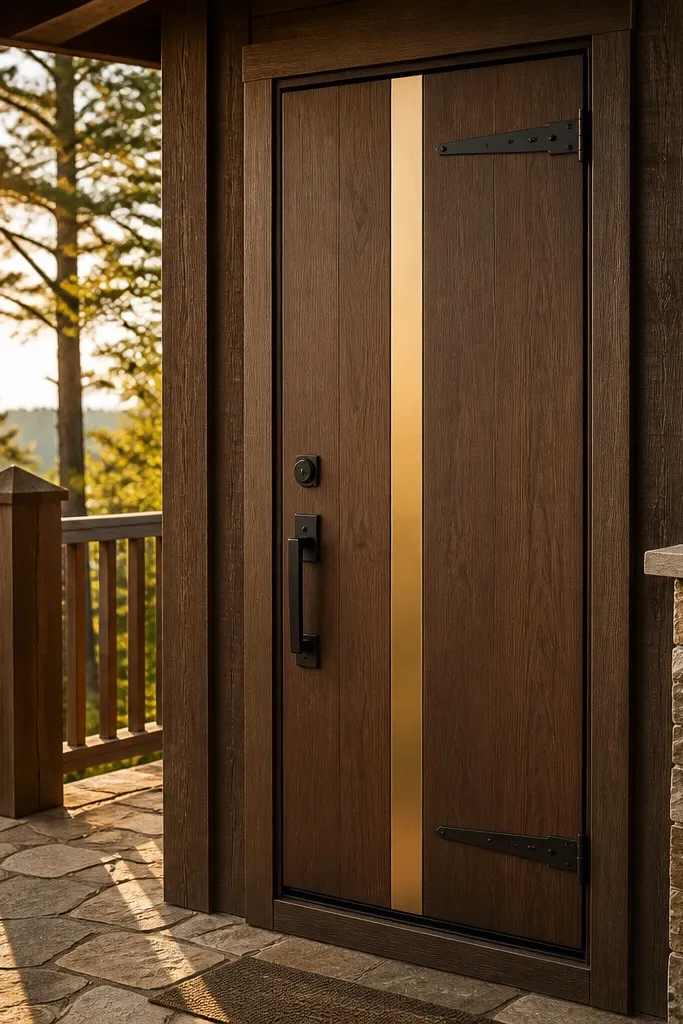 Walnut-stained door with a vertical brass pull strip and modern lock