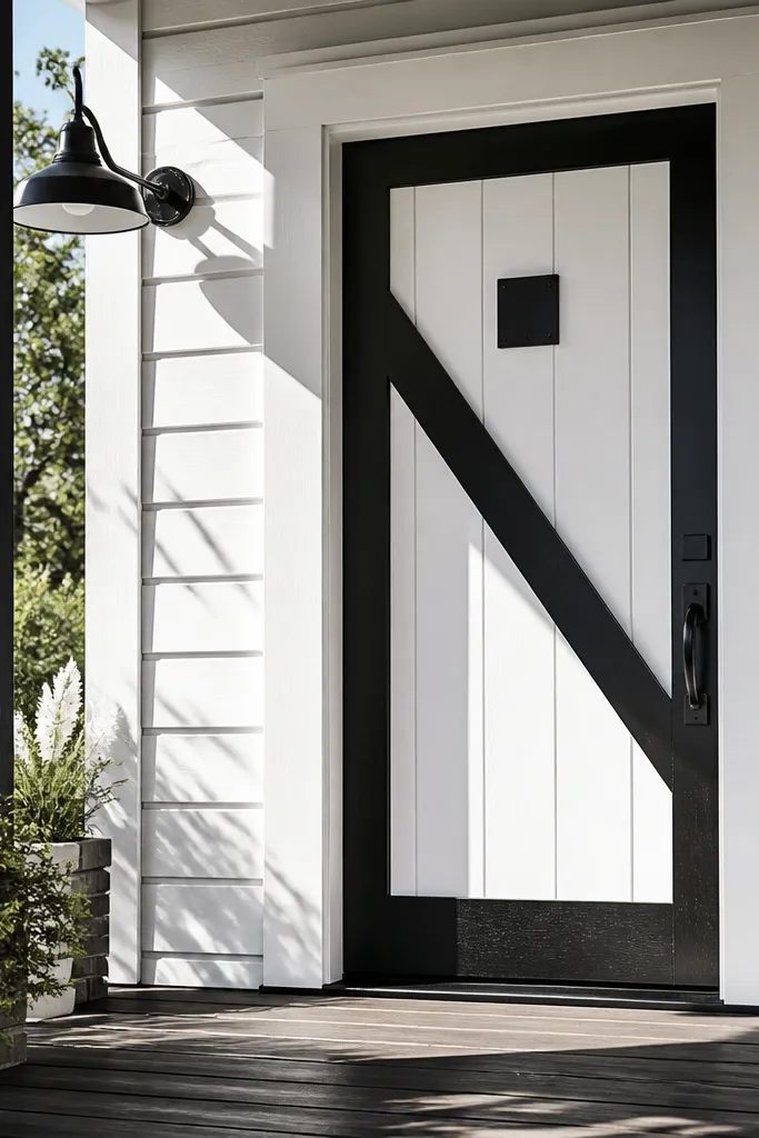 White door with a black diagonal brace panel and modern black hardware