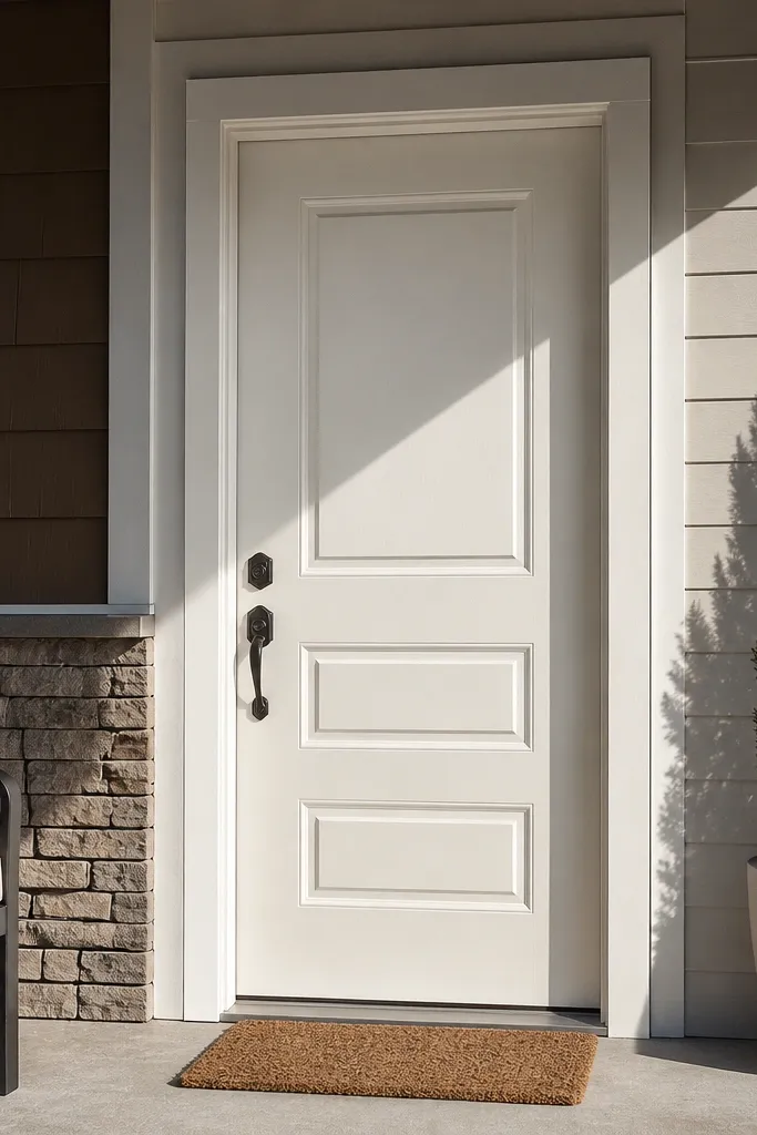 White raised panel fiberglass door with a black deadbolt and matching sidelights