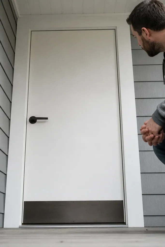 Gray flush front door with a sleek handle and narrow trim gap