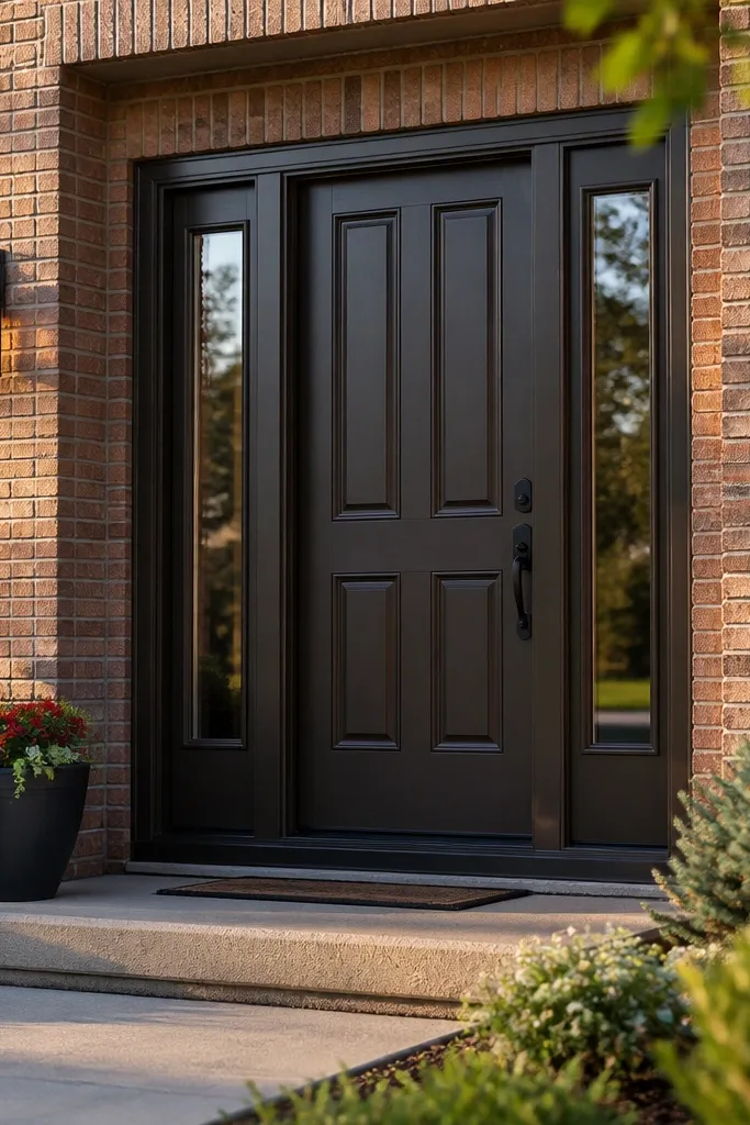 Wood-look raised panel door with narrow sidelights and black trim