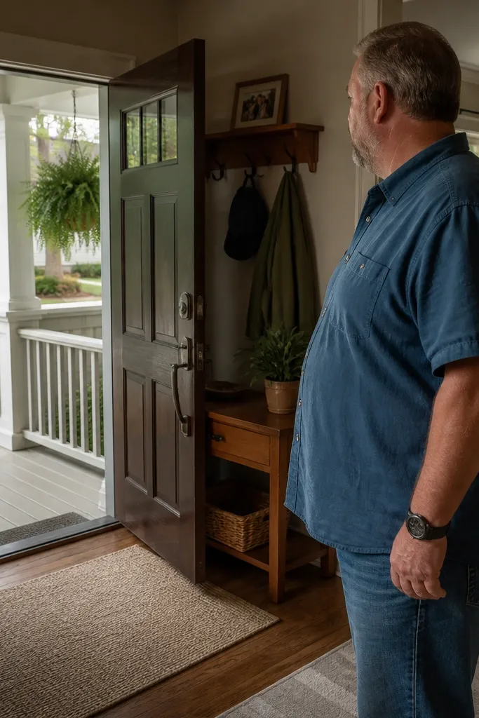 Door swing arc marked and clearance around a porch step