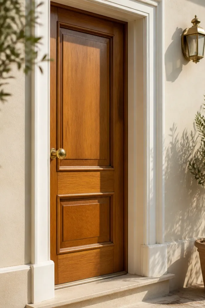 Honey teak door with warm white frame and brass knob