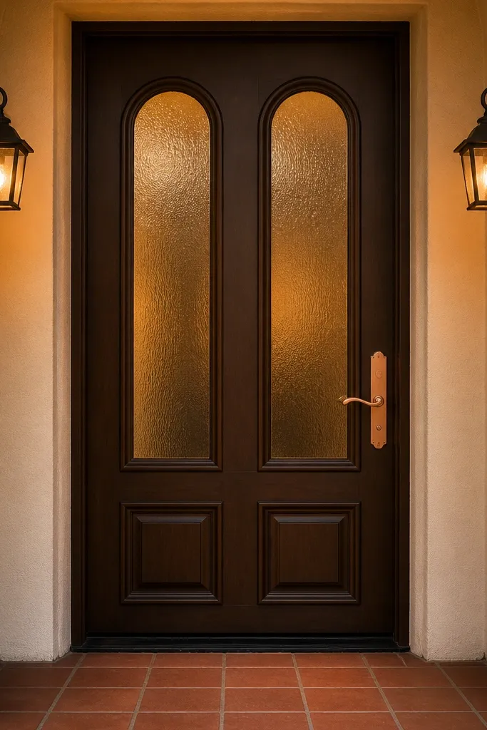 Deep brown door with arched glass inserts and copper handle