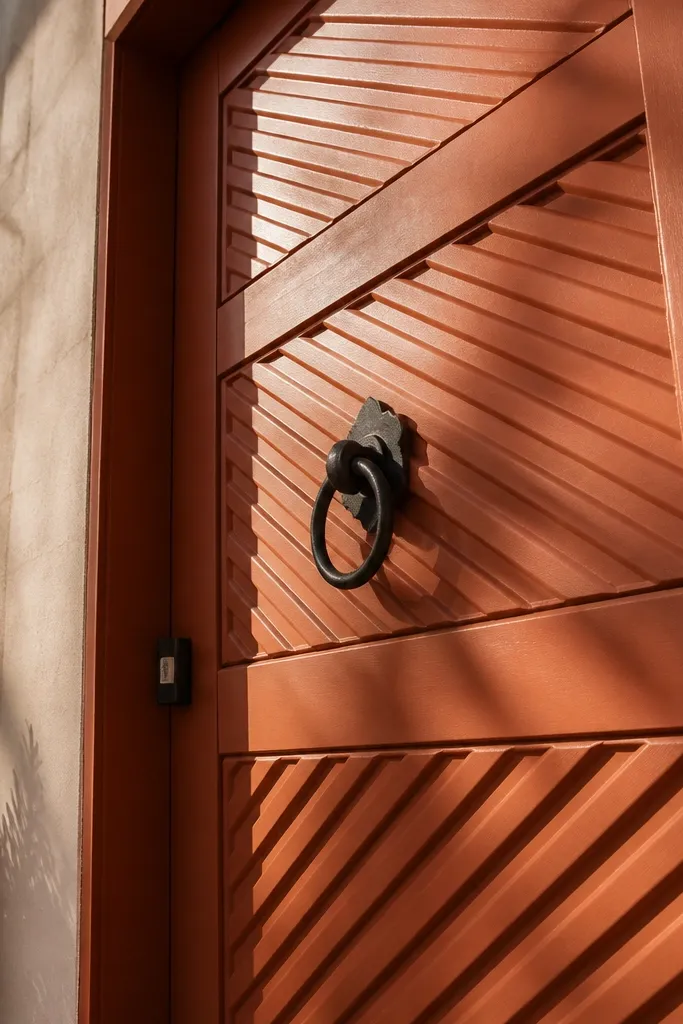 Terracotta door with diagonal slats and black knocker