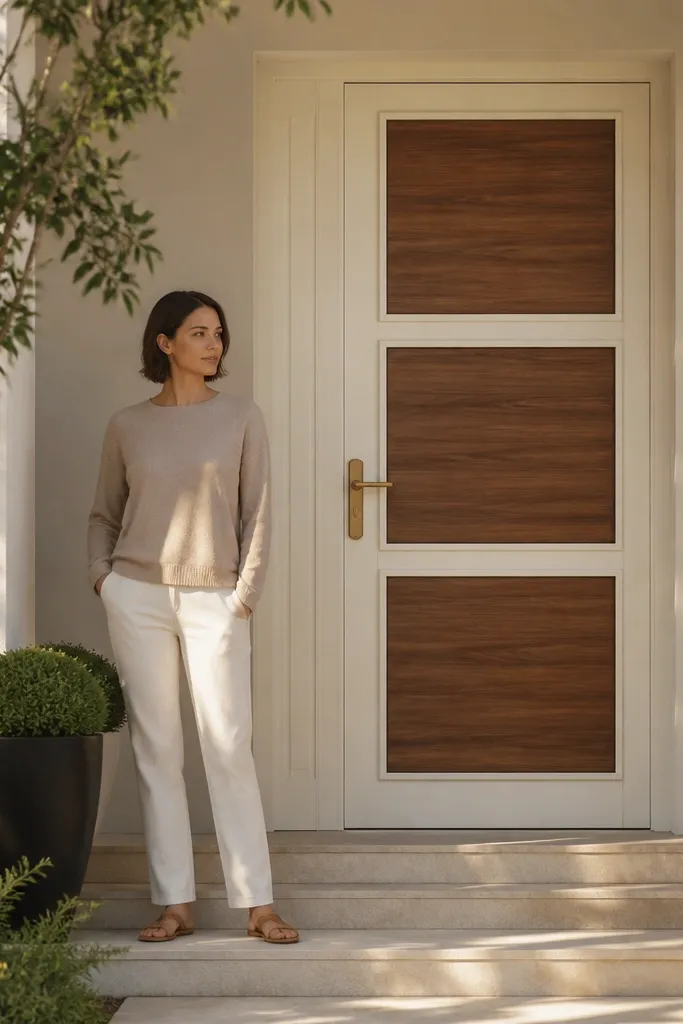 Warm white door with walnut veneer panels and gold tone lever