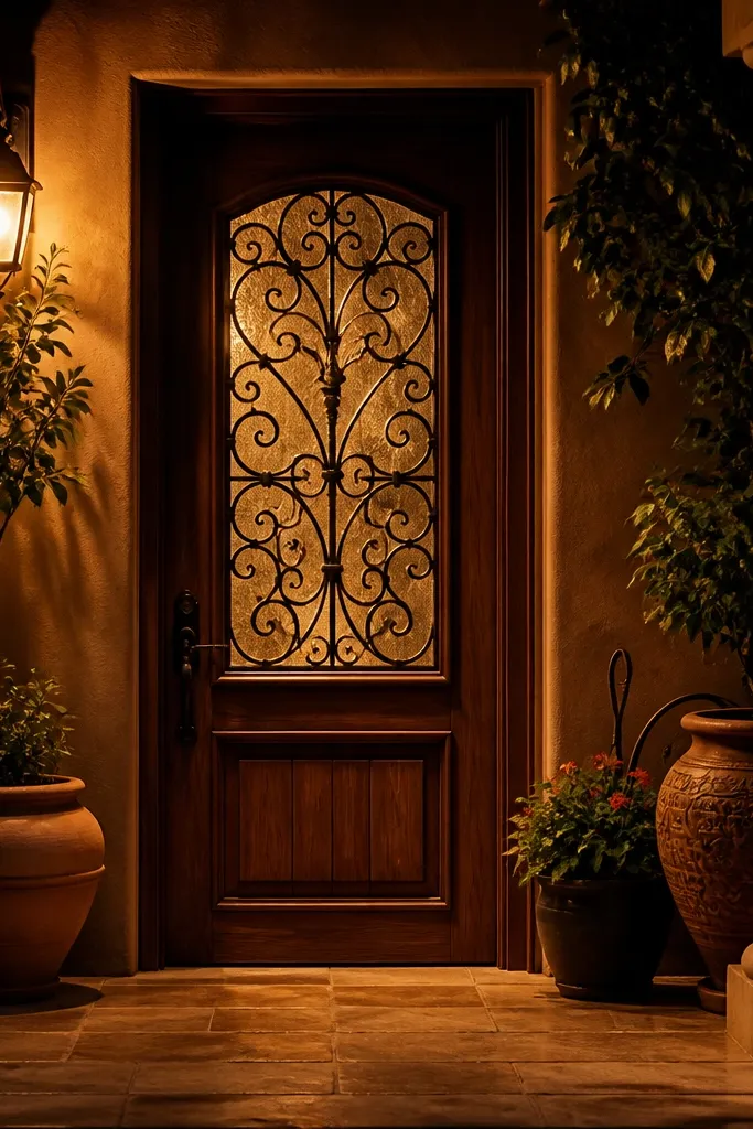 Teak brown door with iron scroll grille and amber porch light