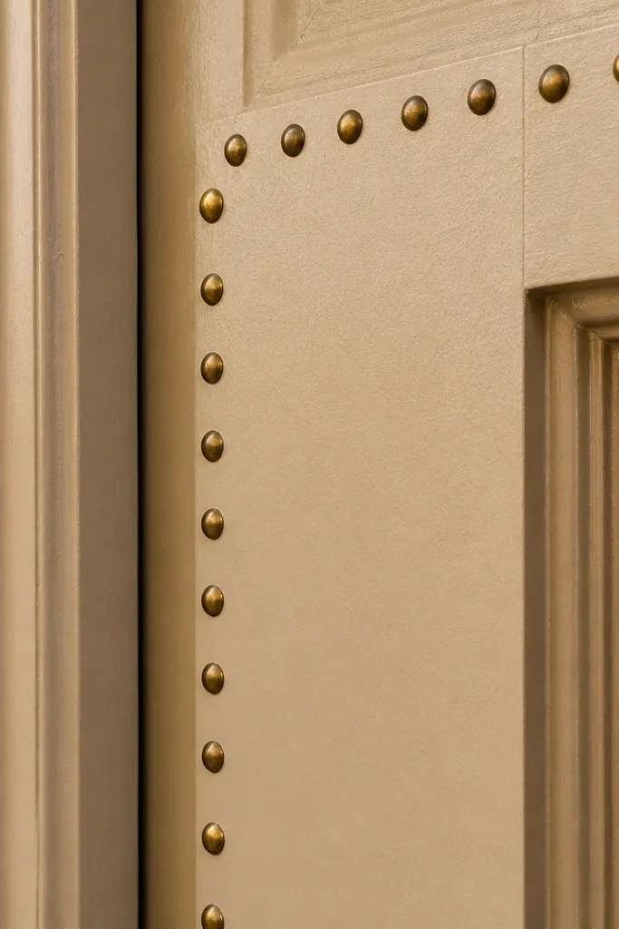 Sandstone beige door with micro-textured finish and small brass studs