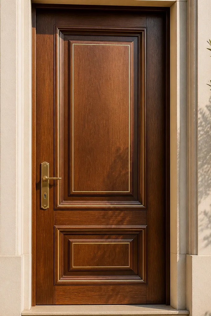 Warm walnut panel door with a thin gold trim line