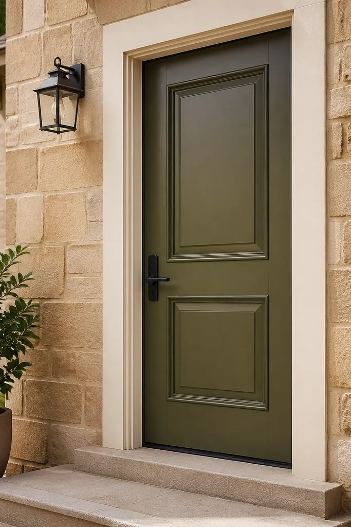 Olive green door with cream border and black lever handle