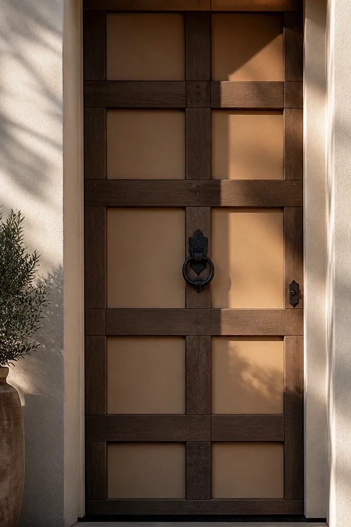 Warm beige door with dark wood crossbars and black knocker