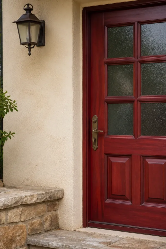 Mahogany red door with small glass squares and antique brass handle