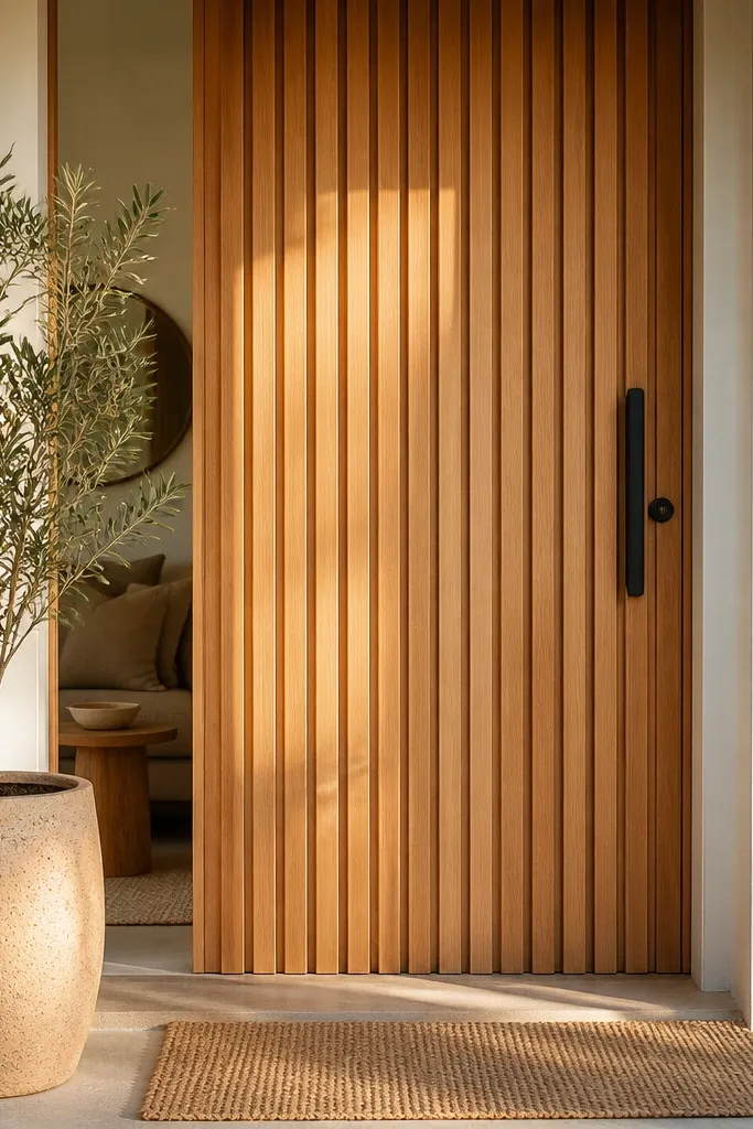 Warm white door with vertical timber slats and a jute mat near the threshold