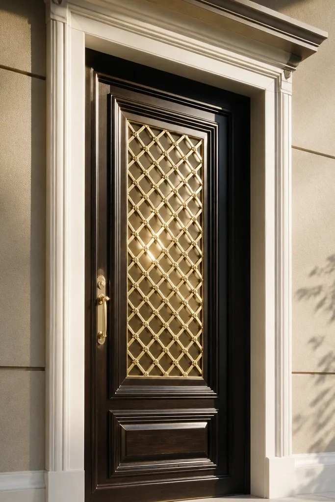 Black-brown door with brass lattice panel and warm white surround