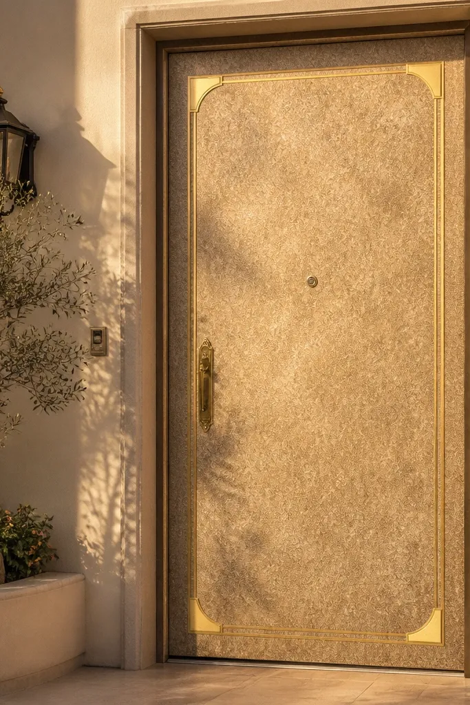 Stone-effect door with gold corner detailing and warm lighting