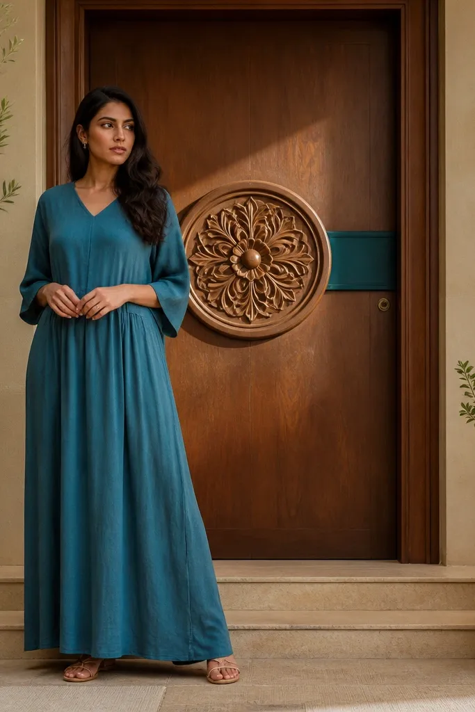 Warm walnut door with raised medallion and teal accent strip