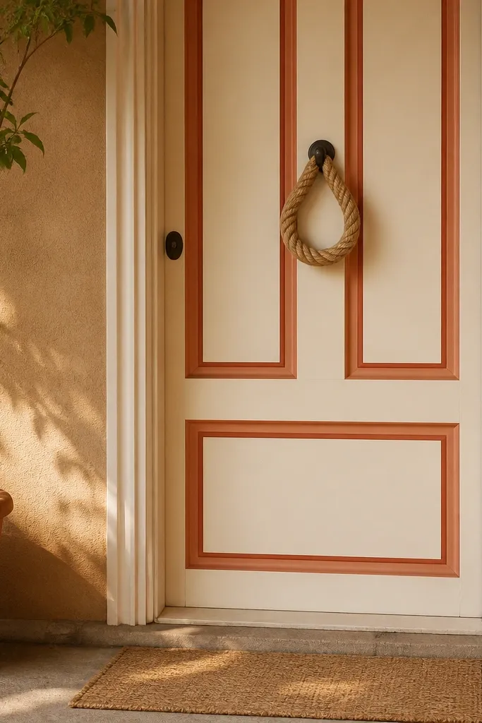 Cream door with terracotta borders and rope knocker