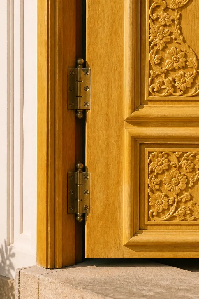 Sandalwood yellow door with carved floral corners and brass hinges