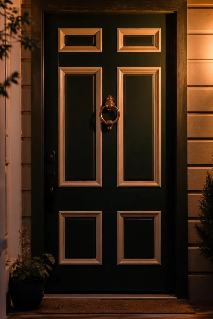 Deep forest door with warm white panel insets and copper knocker