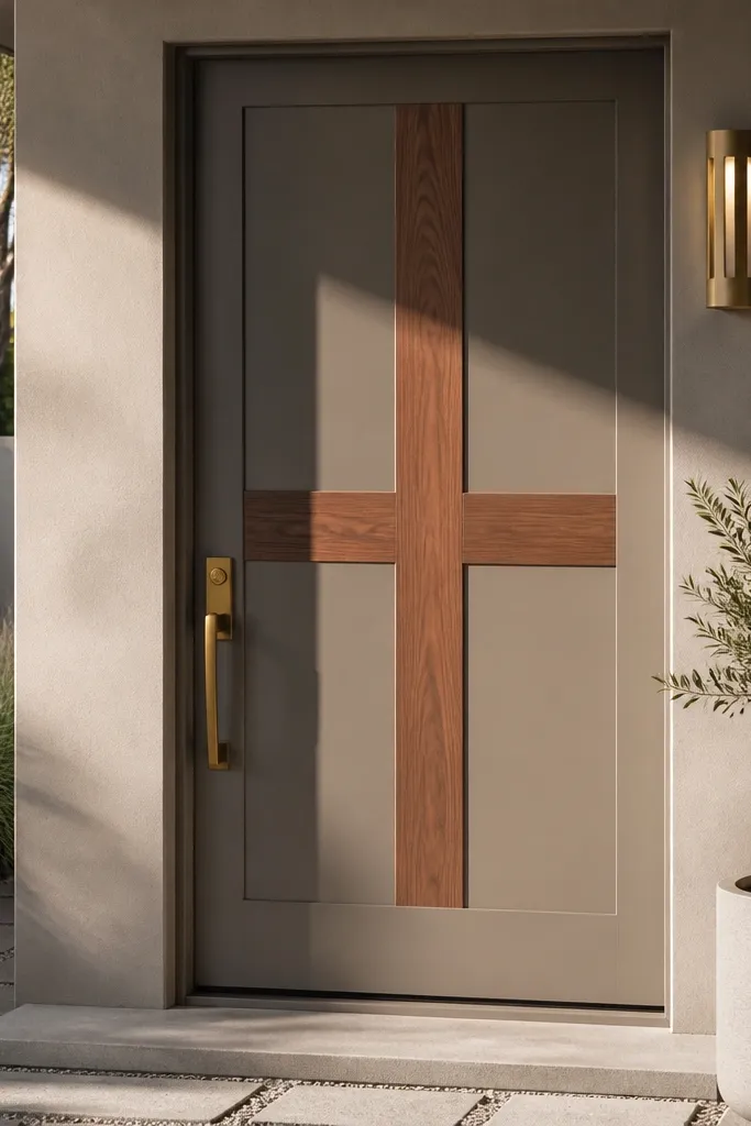 Warm grey door with walnut cross pattern and warm brass handle