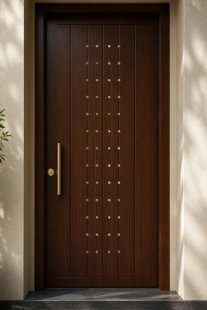 Walnut brown door with vertical brass dot inset grid