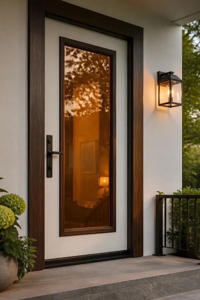 Warm white door with dark walnut frame and amber glass panel