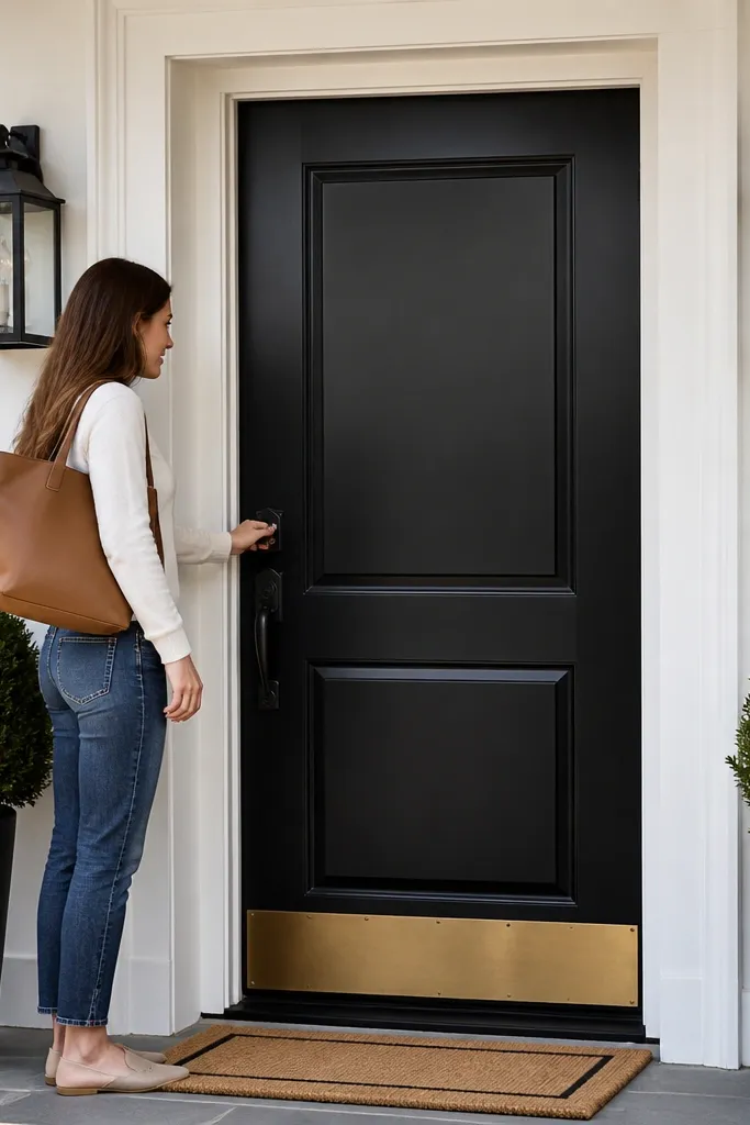 Dark front door with a white trim frame and matching white sidelights