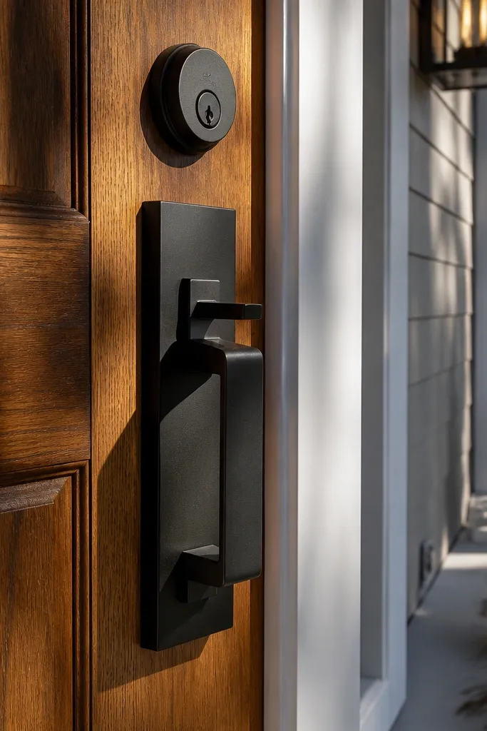 Matte black deadbolt and lever handle on a wooden front door