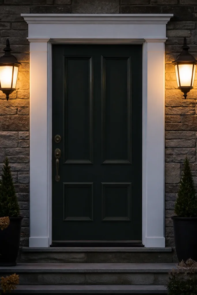 Two matching wall sconces flanking a front door with warm light