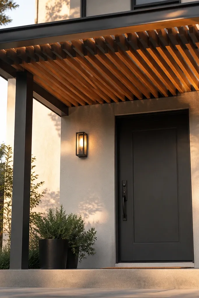 Wood slat ceiling canopy above a front door with matching trim boards