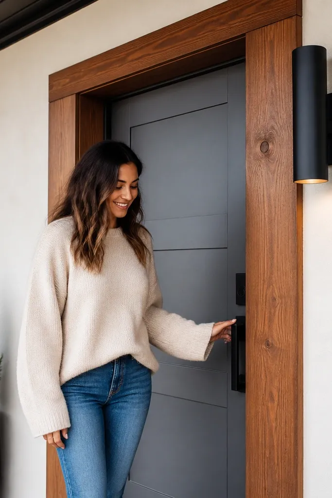 Stone wall with a straight-rectangular wood trim frame around the front door