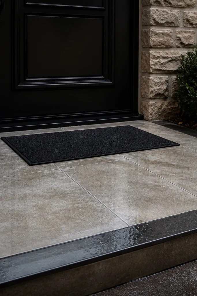 Front door step area covered with gray stone-look tile and a clean border