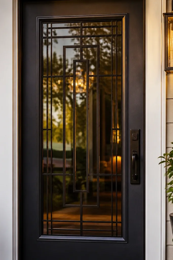 Front door with black grille bars and a white frame around the glass panel