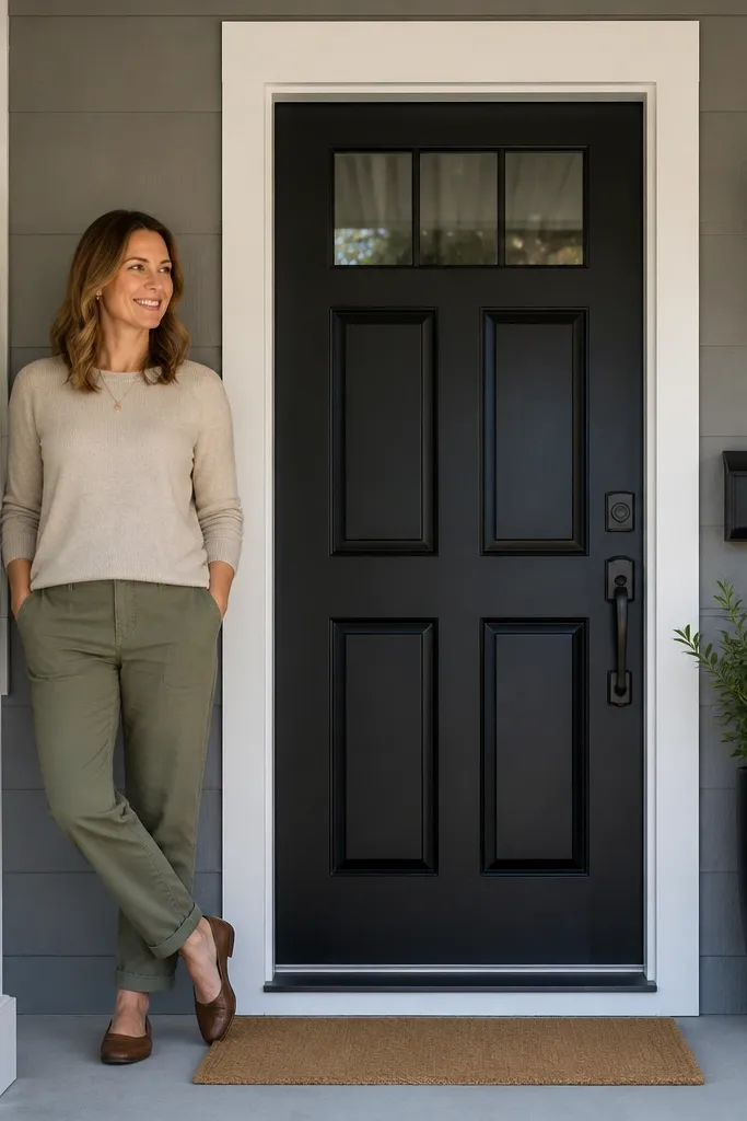 Matte painted front door in soft black with clean edges and new weatherstrip