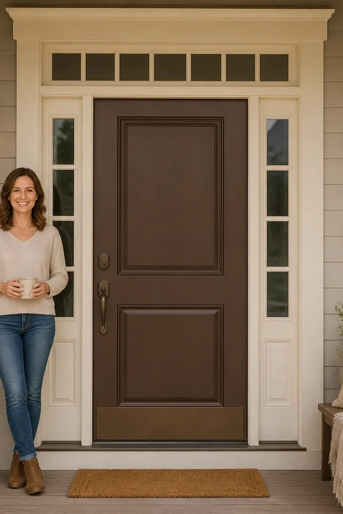 Front door painted in a warm green that matches warm white trim and brown accents