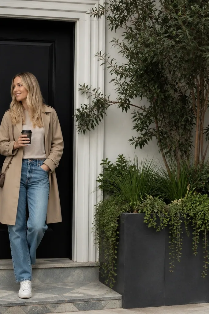 Tall rectangular planter flanking a front door with tidy greenery and a modern rim