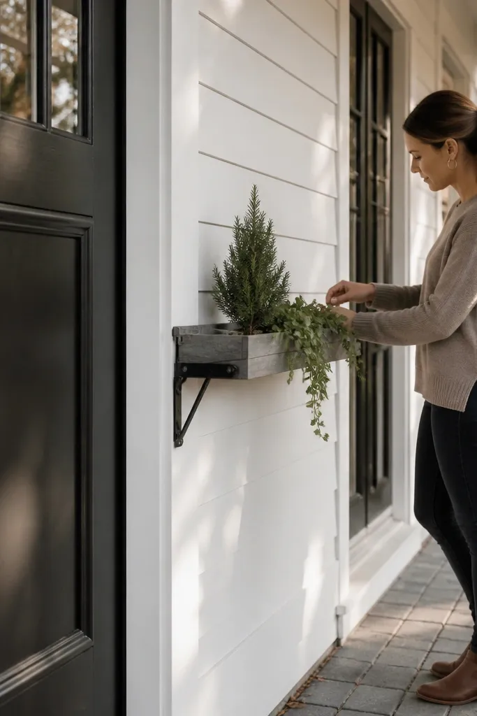 Wood wall shelf beside the front door holding small potted plants
