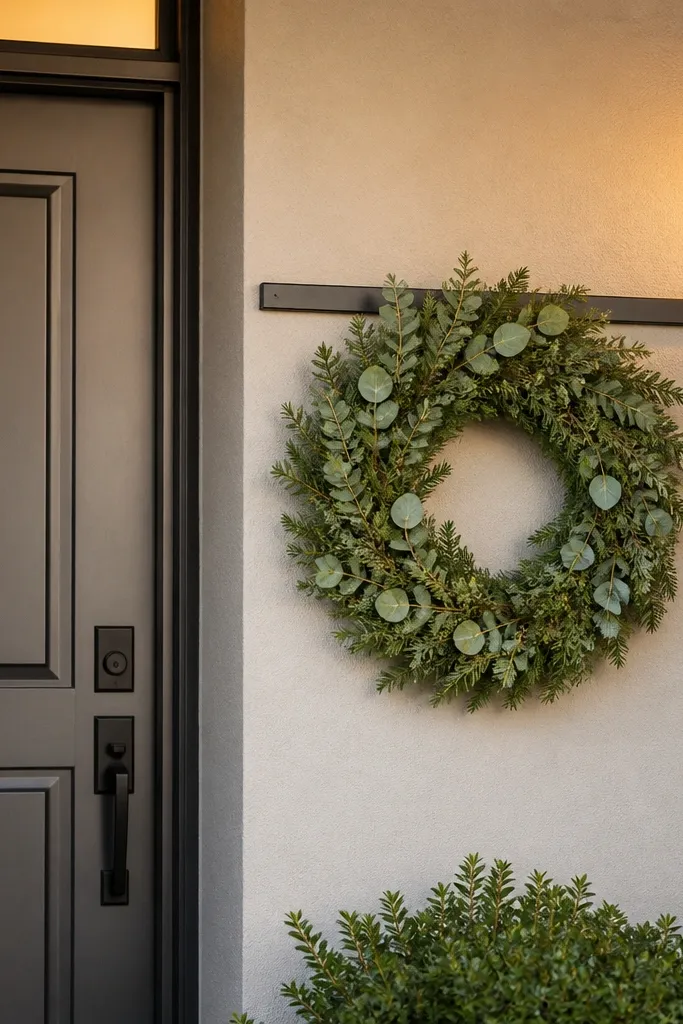 Small metal rail beside front door with wreath hooks and winter wreaths