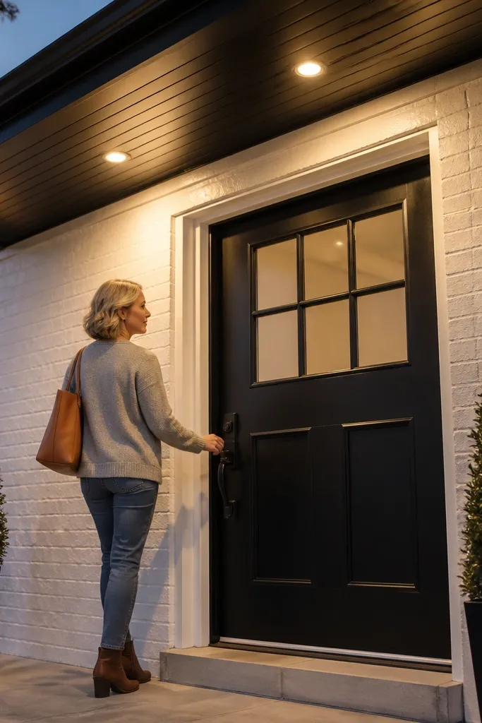 Porch ceiling with small recessed lights casting warm light toward the front door