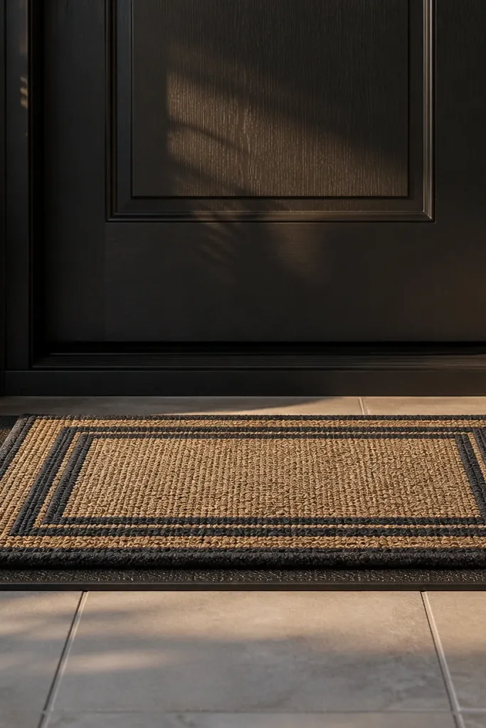 Layered doormat setup with a dark rubber base mat and a lighter top mat